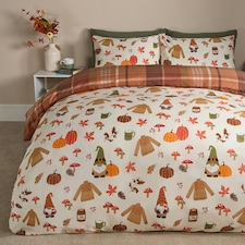 OHS Autumnal Novelty Pumpkin Gonk Reversible Check Duvet Cover and Pillowcase Bedding Set Multi | Cream/Rust | Double