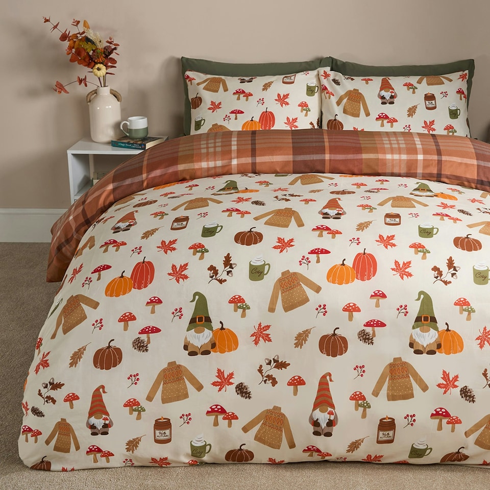 image 1 of OHS Autumnal Novelty Pumpkin Gonk Reversible Check Duvet Cover and Pillowcase Bedding Set Multi | Cream/Rust | Double