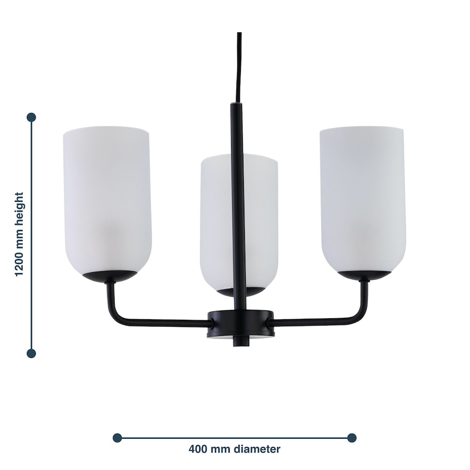 image 1 of Set of 2 Victoria - Black 3 Arm Ceiling Pendants Frost Glass Shades | Black | White | 2
