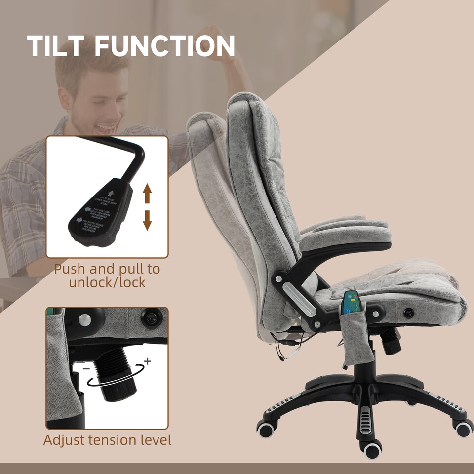image 1 of Vinsetto Office Chair, Ergonomic Desk Chair with 6-Point Massage and Back Heated, Microfiber Cloth Computer Gaming Chair with Arms, Lumbar Support, Gray