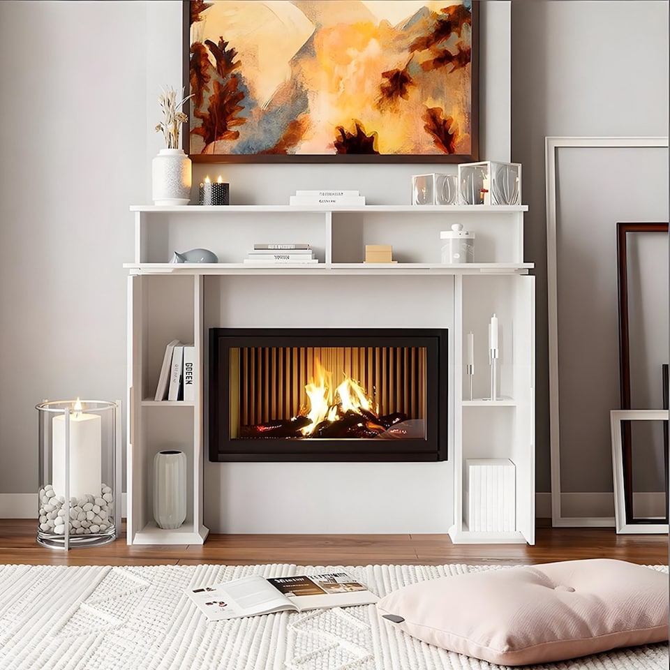 image 1 of Gr8 Home Wooden White Fireplace Surround Mantelpiece Storage Cabinet Shelves Unit Stand