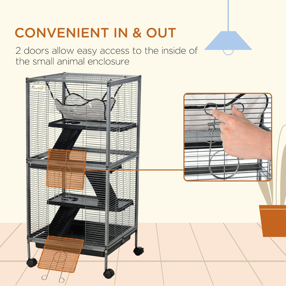 image 1 of PawHut Rolling Small Animal Cage for Chinchillas Ferrets Kittens W/ Ramp Silver