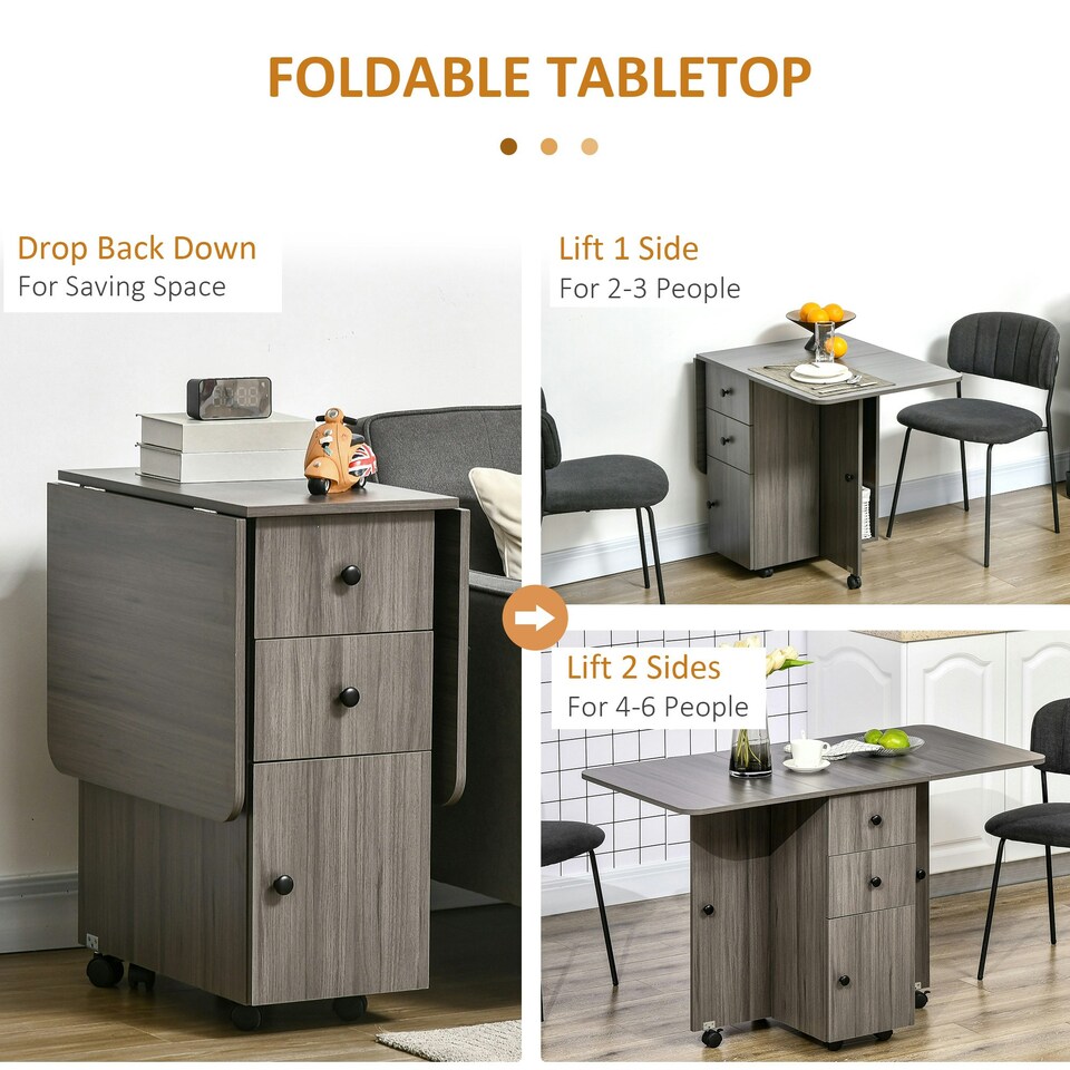 image 1 of HOMCOM Folding Dining Table, Drop Leaf Table With Storage Drawers Grey