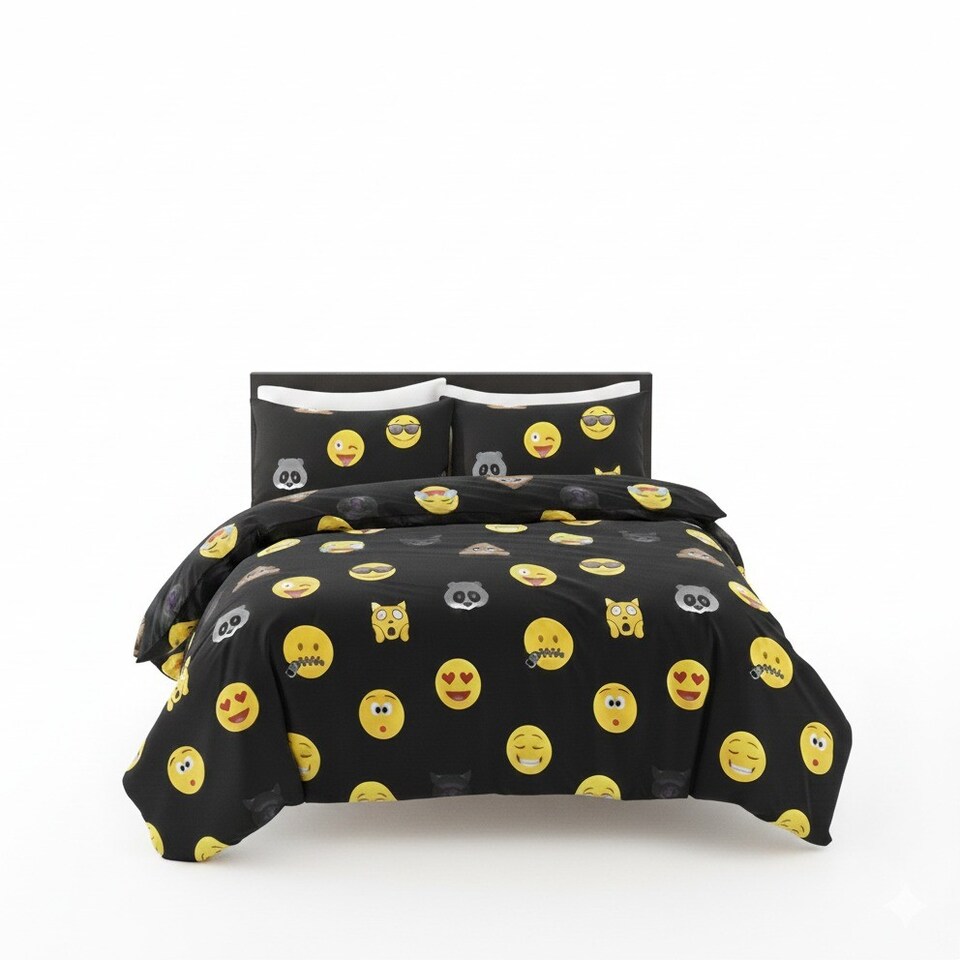 image 1 of Emoji Print Duvet Cover Set Cool Playful Bedding with Pillowcases | Black | Single