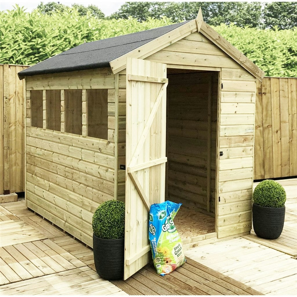 8 x 6 Premier Pressure Treated Tongue And Groove Apex Shed With Higher Eaves And Ridge Height 4 Windows + Single Door (8' x 6' / 8ft x 6ft) (8x6)