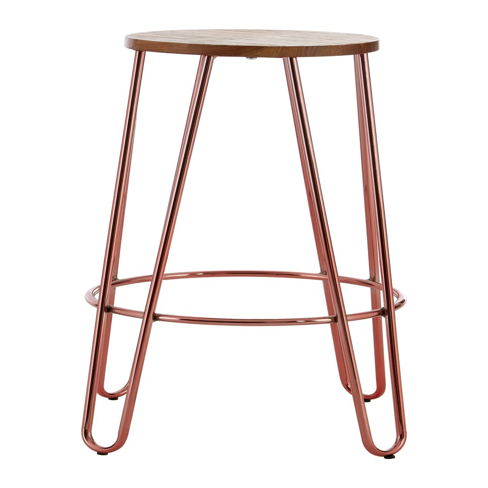 image 1 of Interiors by Premier Rose Gold Metal and Elm Wood Round Bar Stool, Hairpin Stool, Sturdy Stool for Bar, Kitchen Counter