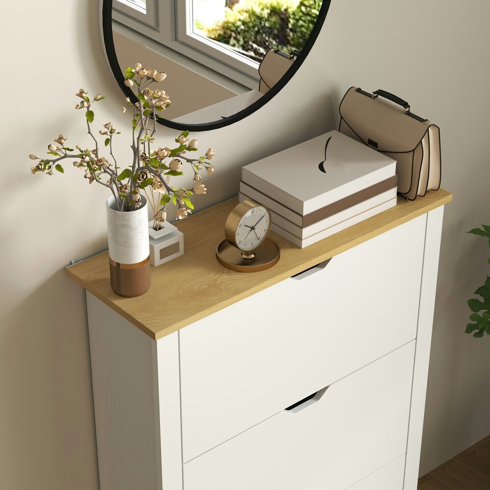 image 1 of HOMCOM 18-Shoe Storage Cabinet 6 Shelves 3 Drawers White | Oak | 72cm x 26cm x 112cm