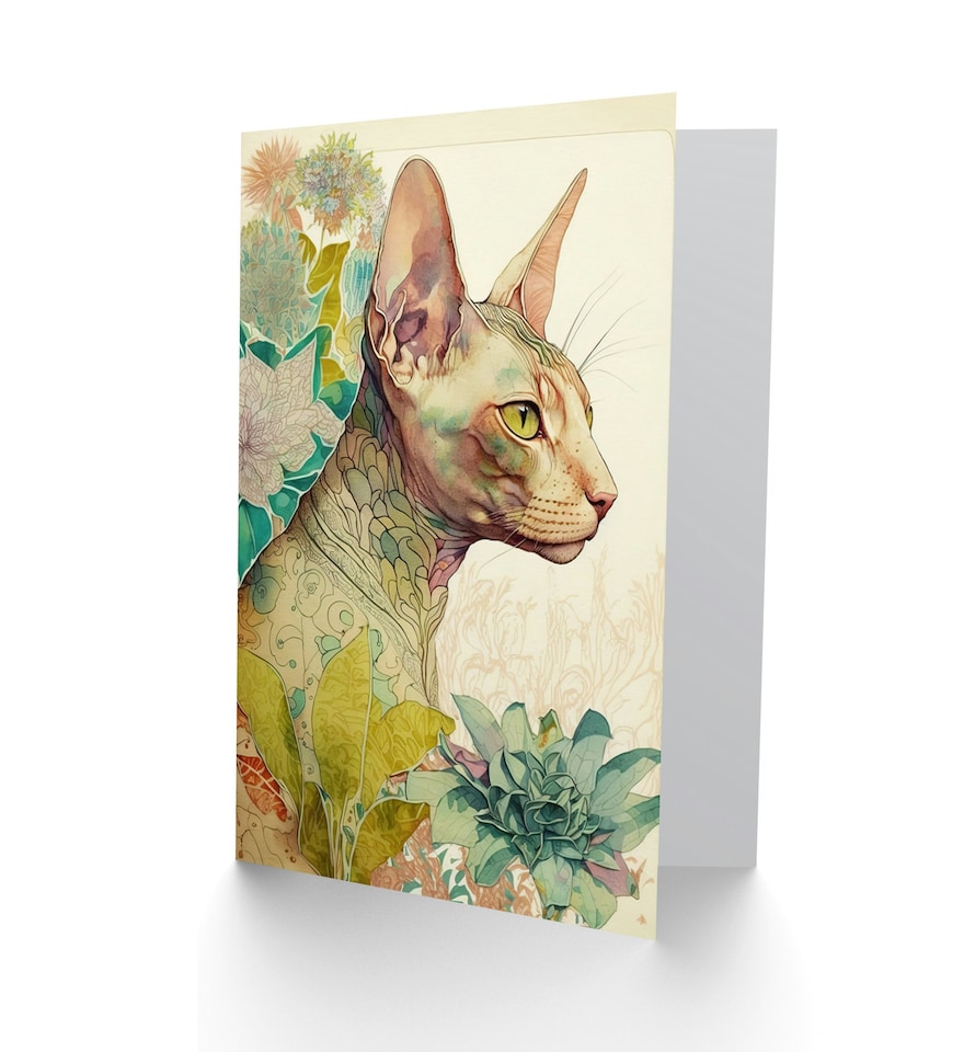 image 1 of Sphynx Cat with Floral Tattoo and Flowers Blank Greeting Card