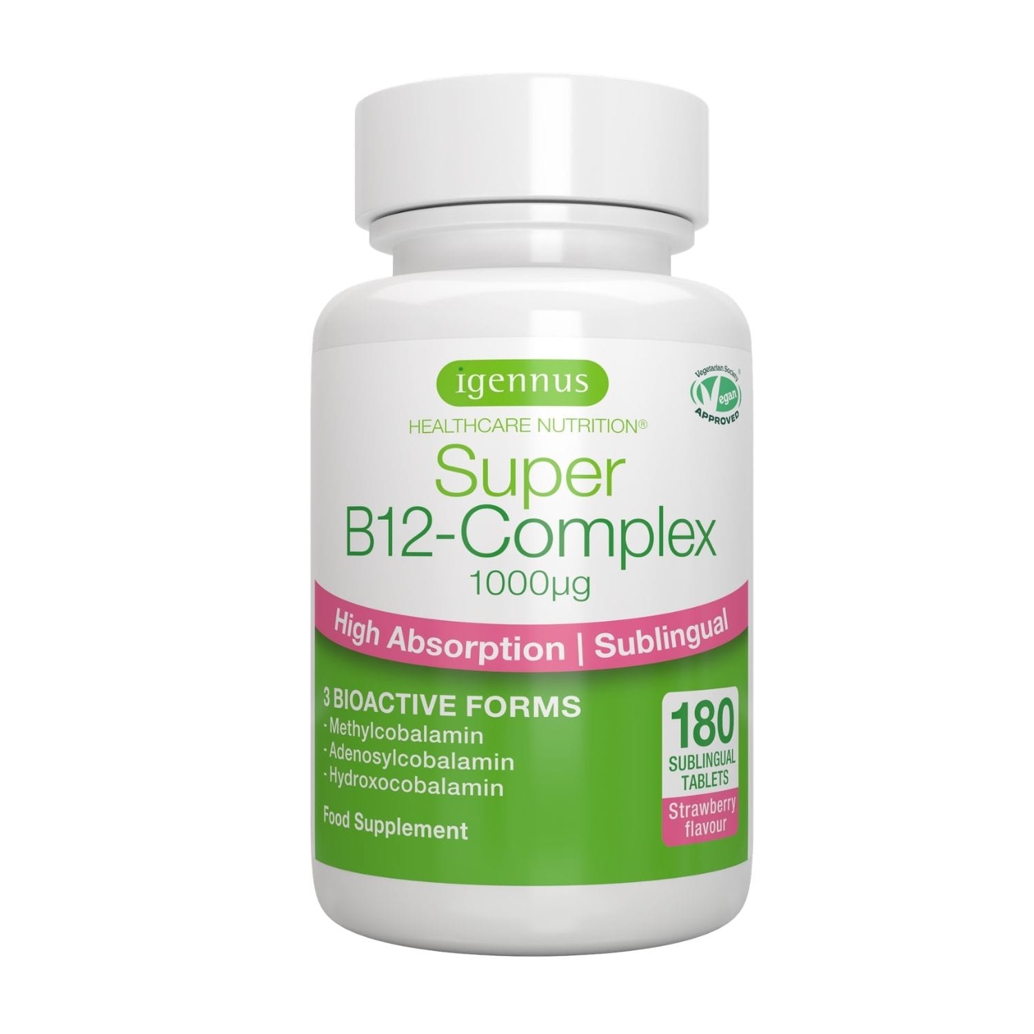 Igennus Super B12-Complex 1000mcg, Sublingual Vitamin B12 Melt, High Absorption Methylcobalamin, Adenosylcobalamin & Hydroxocobalamin, 180 Tablets
