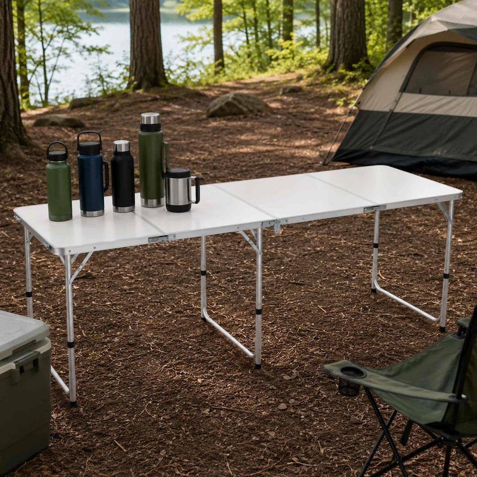image 1 of 8ft Folding Outdoor Camping Kitchen Extending Work Top Table | White