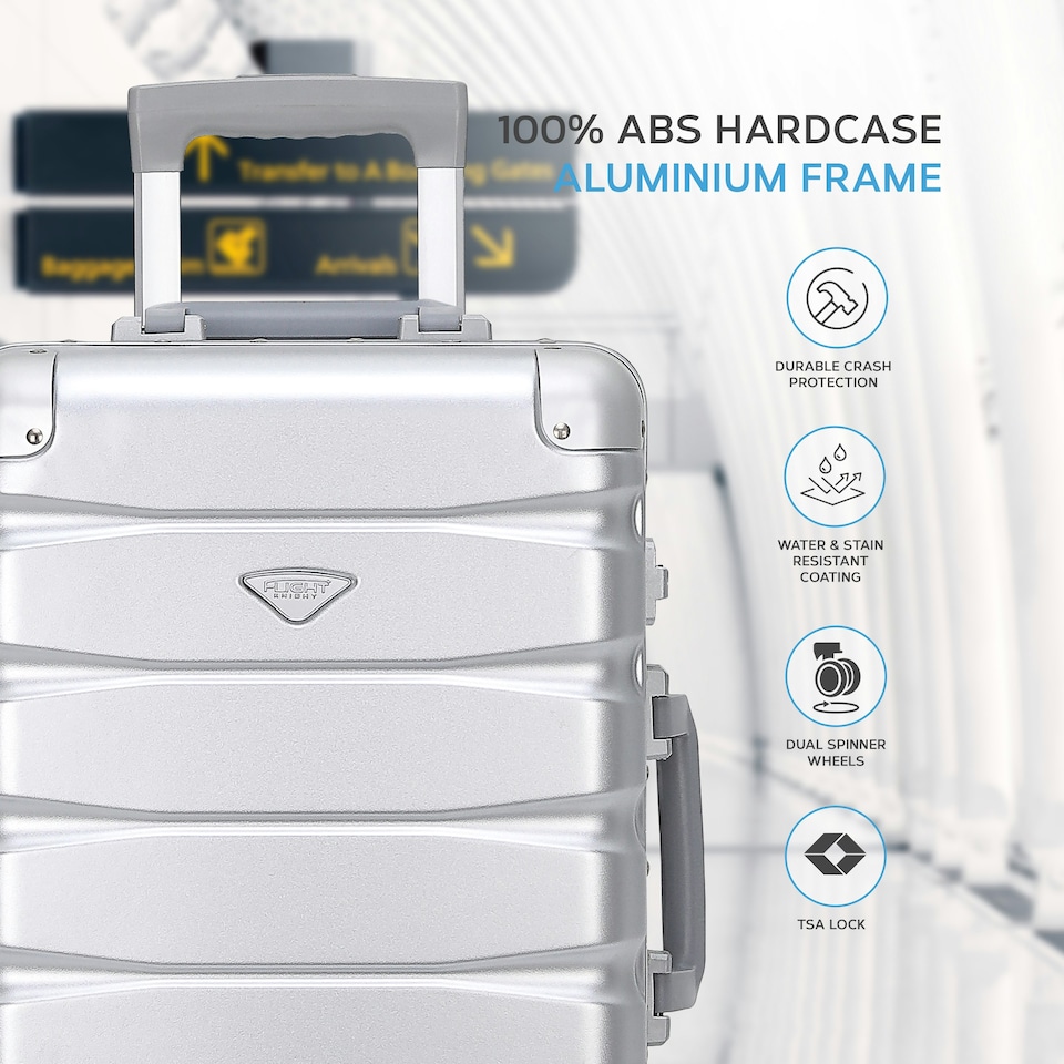 image 1 of Flight Knight Premium Travel Suitcase - 8 Wheels Built-in TSA Lock Aluminium Frame, ABS Hard Shell Carry on Check in Luggage - 100+ Airlines Approved | Silver | Aluminium | Cabin Bag
