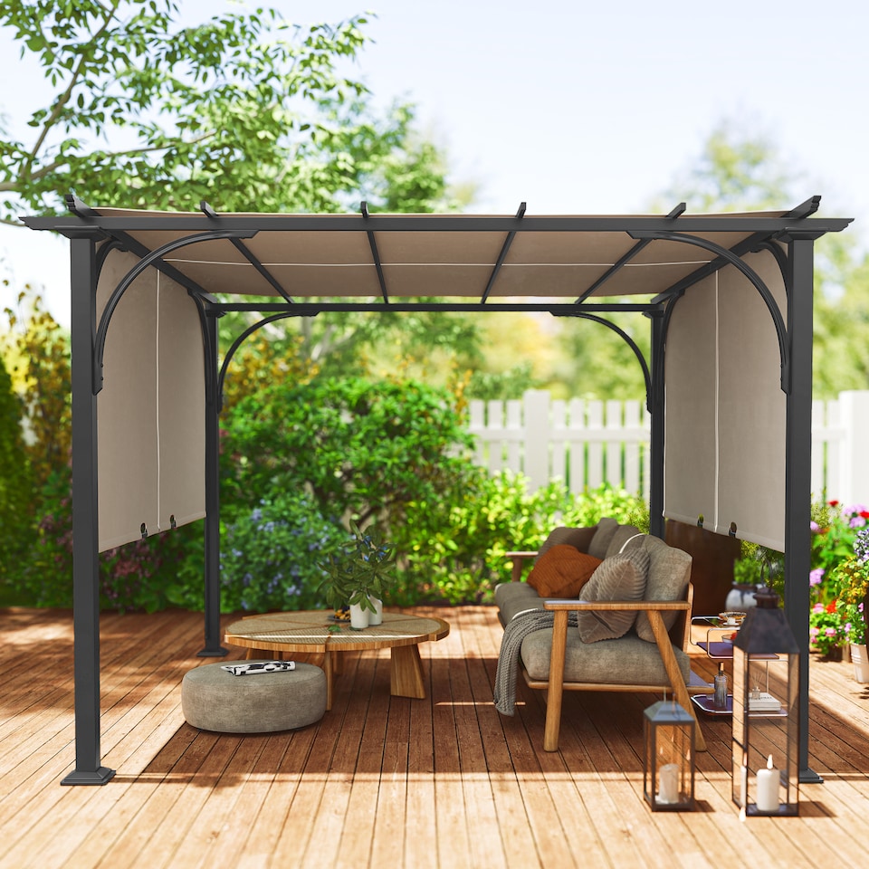 image 1 of Outsunny 3 x 3m Garden Pergola, Outdoor Pergola Gazebo with Adjustable Canopy, Sun Shade Patio Canopy Shelter, Beige