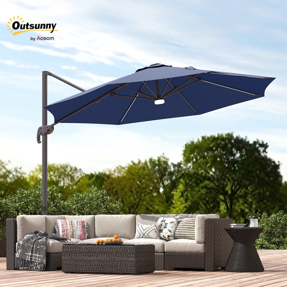 image 1 of Outsunny 3 m Cantilever Roma Parasol Garden Sun Umbrella Outdoor Patio with 360 Degree Rotation Crank and Tilt Aluminium Frame LED Solar Light Cross Base, Blue