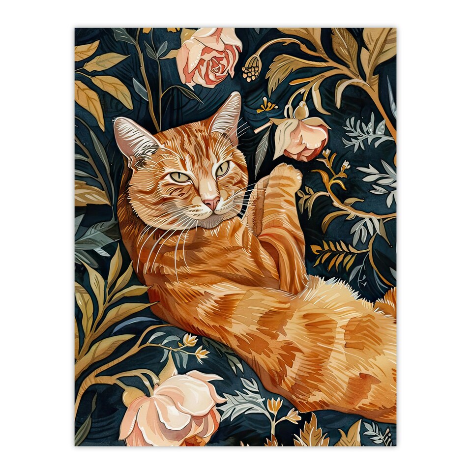image 1 of Cat Lover Moggie Pet in Rose Garden Watercolour Black Framed Wall Art Print A4