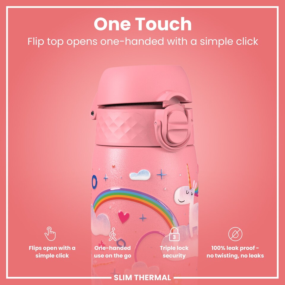 image 1 of Leak Proof Slim Water Bottle, Vacuum Insulated, 500ml (17oz) | Pink | Unicorn Rainbows | One Size