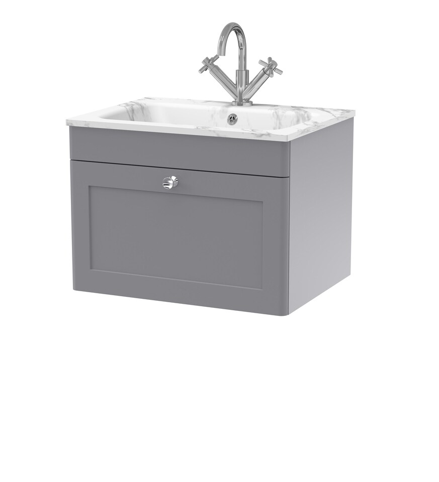 image 1 of Balterley Swynnerton Traditional 1 Drawer Wall Hung Vanity Unit with Stone Basin, Satin Grey, 600mm