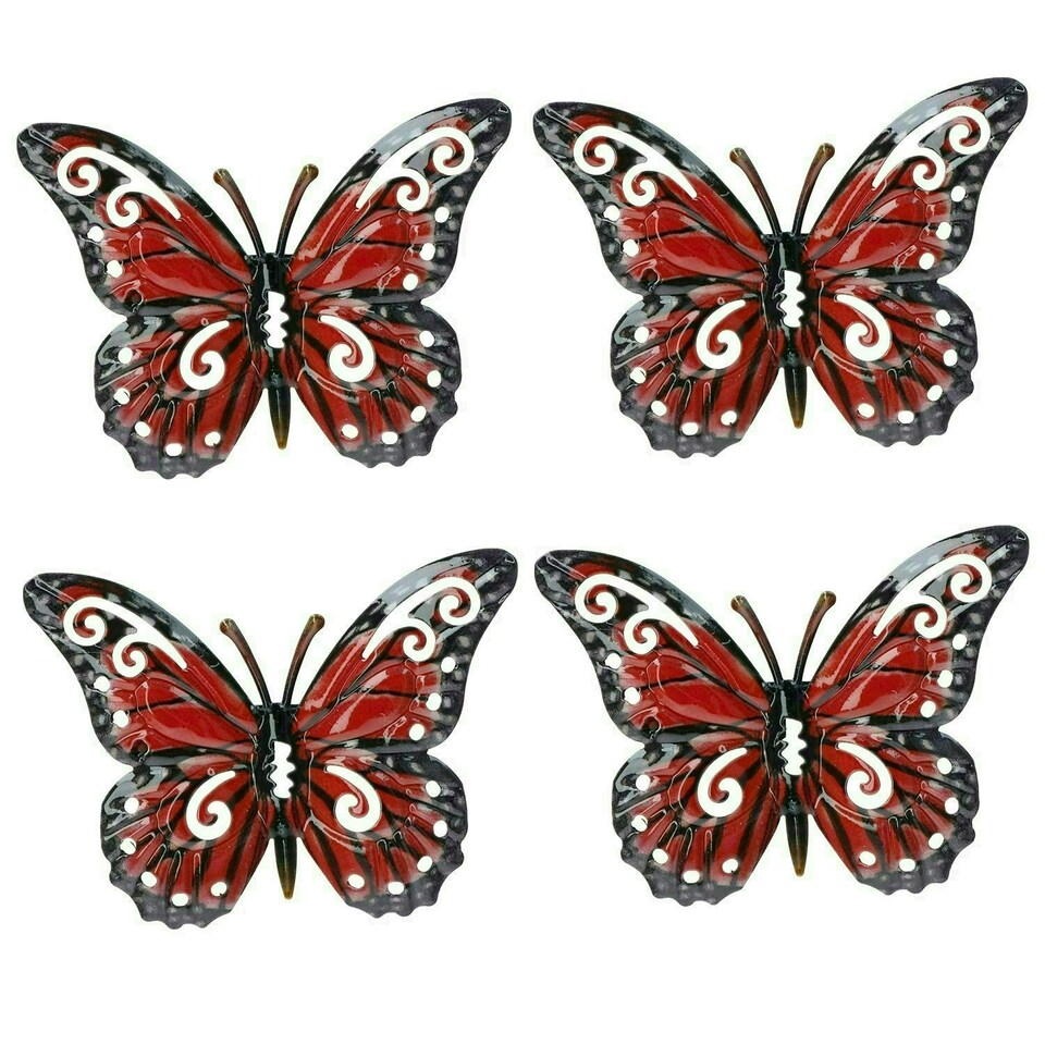 image 1 of Set of 4 Red Small Metal Butterflies Garden/Home Wall Art Ornament