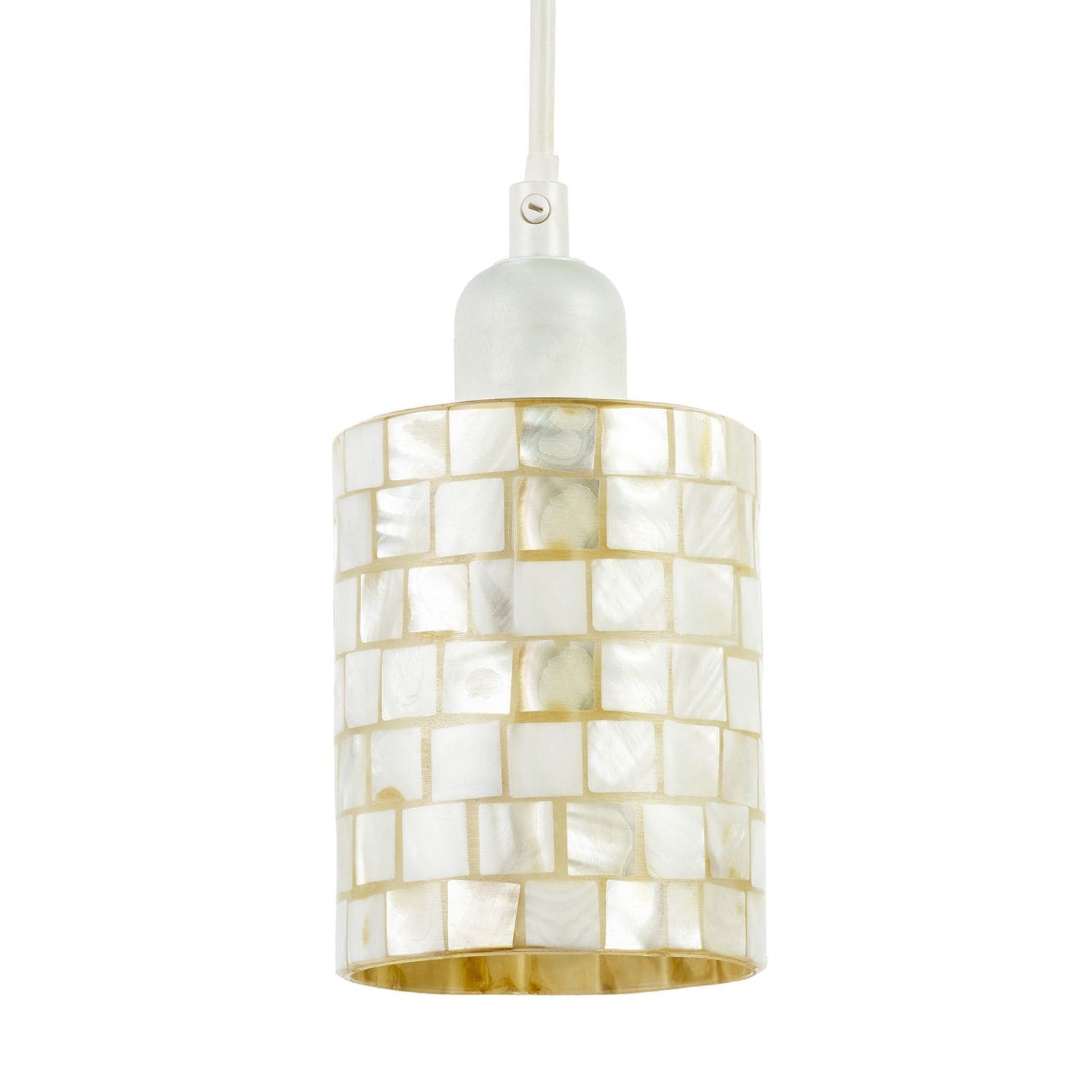 Happy Homewares Modern Cylindrical Pendant Light Shade Mother of Pearl Style Mosaic in Cream