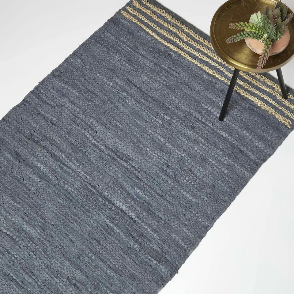 image 1 of Homescapes Recycled Leather Handwoven Stripe Rug | Grey | Grey