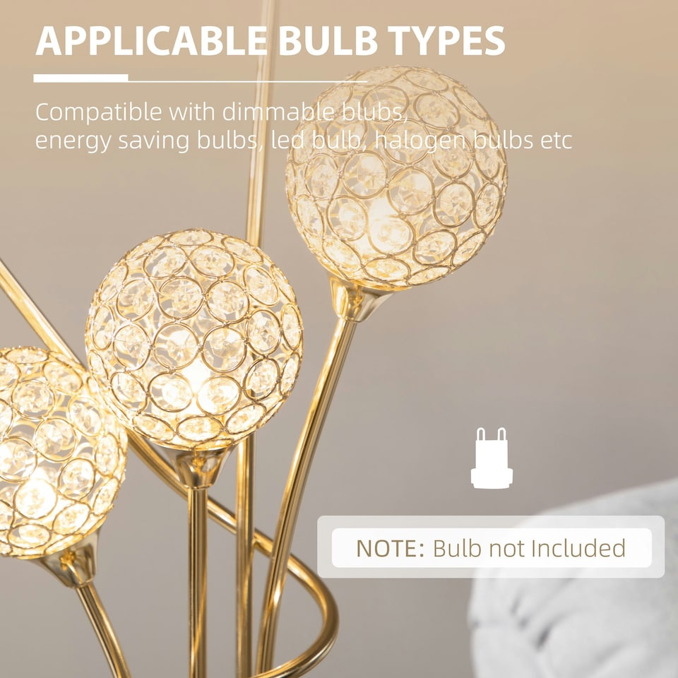 image 1 of HOMCOM Modern Floor Lamp w/ K9 Crystal Shade, 5 Light, for Living Room, Gold