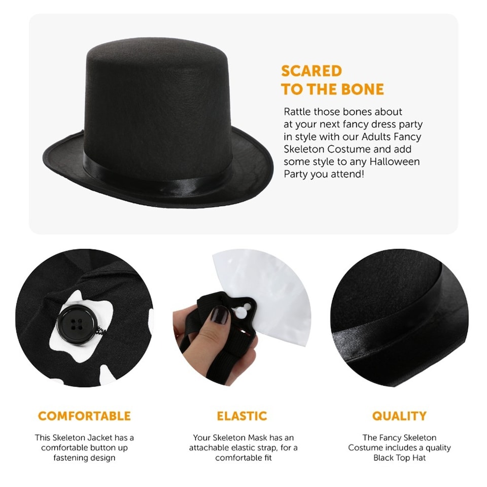 image 1 of Skeleton Costume - with Mask & Top Hat | Multi | XL