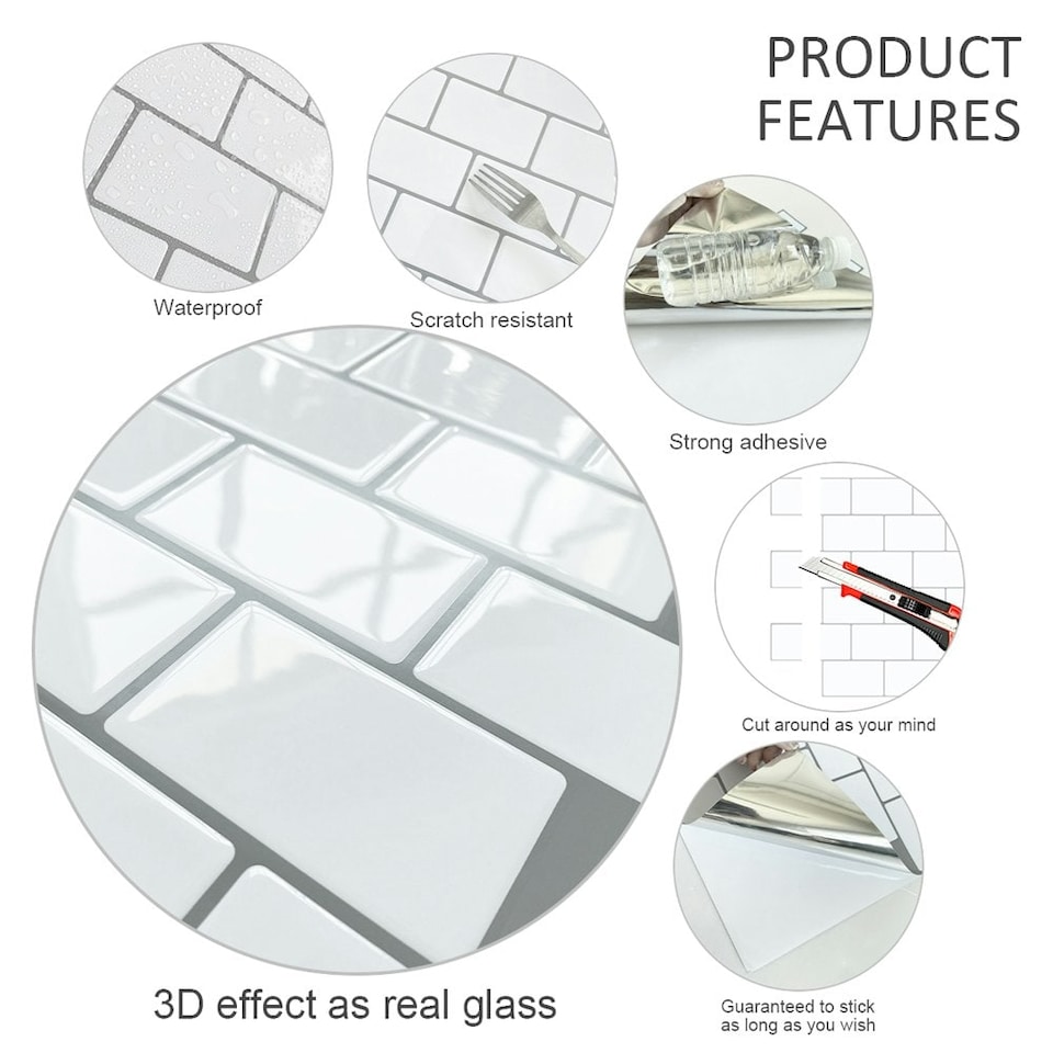 image 1 of Living and Home 10Pcs Peel and Stick 1.2mm Thick Backsplash Tiles - Off White