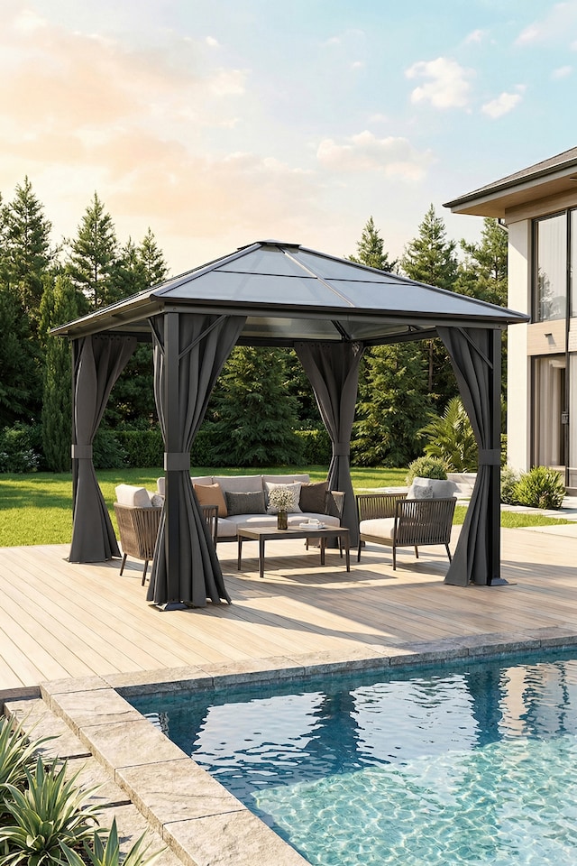 image 1 of Living and 10 x 10FT Home Outdoor Gazebos Metal Frame Hardtop Patio Gazebo with Curtains