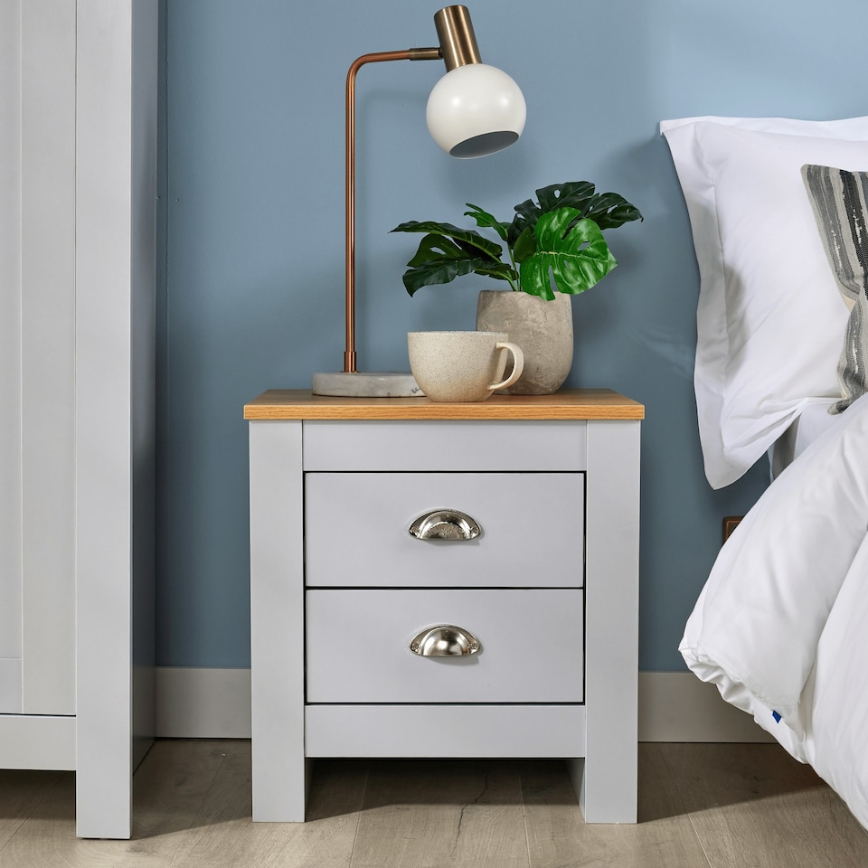 image 1 of Bedside 2 Drawer Bedroom Furniture Grey Oak Top Metal Handles Wooden Nightstand