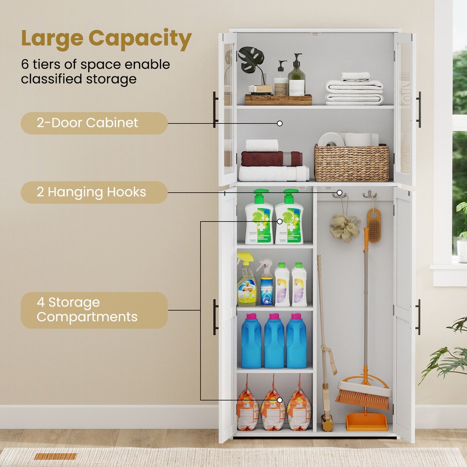 image 1 of COSTWAY Broom Closet Storage Cabinet Wooden Utility White