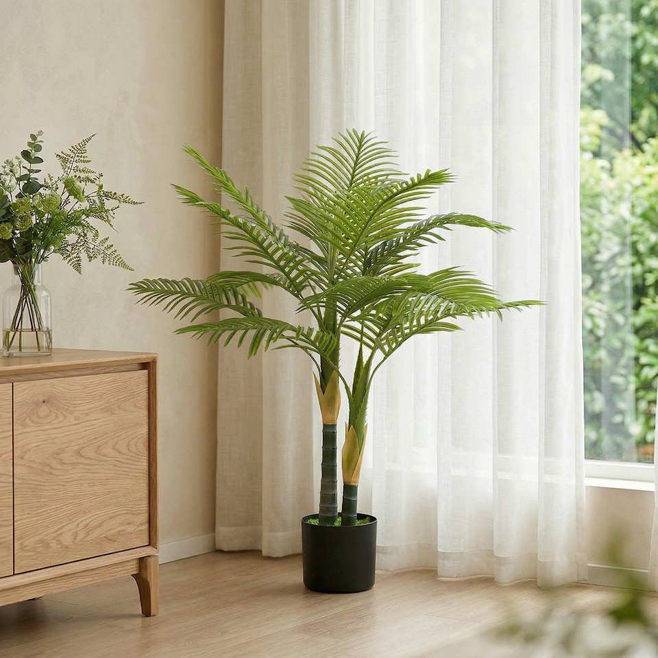 image 1 of HOMCOM 120cm Artificial Palm Tree with 14 PEVA Leaves in Pot, Green