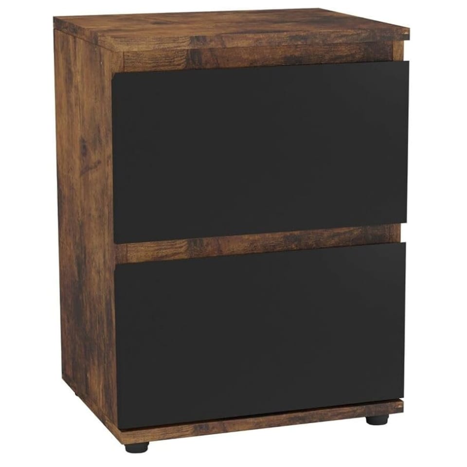 image 1 of URBNLIVING 2 Drawer Bedside Cabinet Handle Free Nightstand | Multi | Rustic Brown Carcass + Black Drawers | 1
