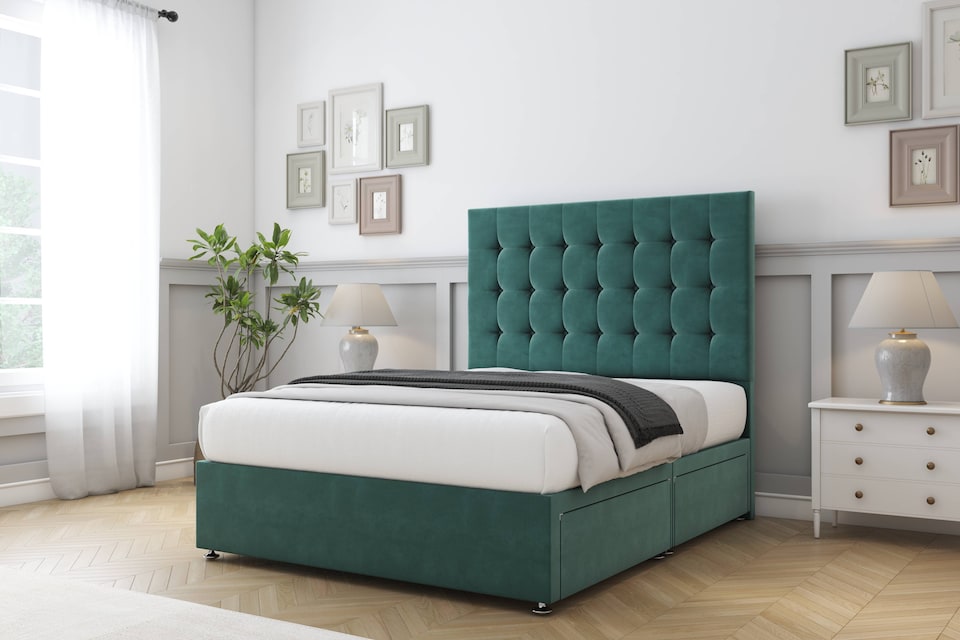 image 1 of Sloomy Alabama Emerald Plush Divan Bed Base 2 Drawers Same Side With 54 Inch Floor Standing Headboard | Green | Emerald | Super King | 1