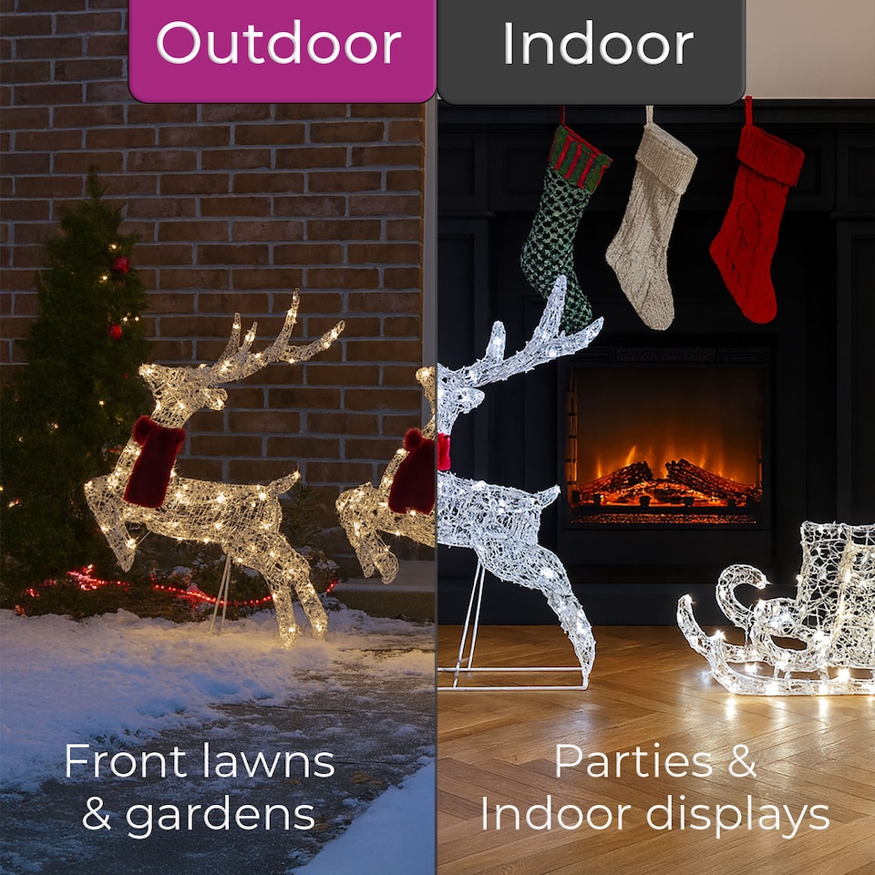 image 1 of Neo 240 LED Christmas Sleigh Reindeer Outdoor Decoration Warm Bright White Mixed Light Effects Timer 65cm Reindeers Weatherproof Frame 6 Ground Hooks Included