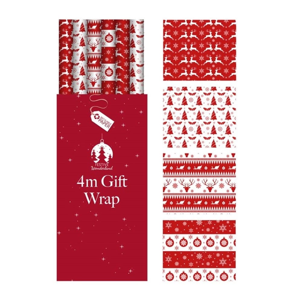 image 1 of Pack of 4 4m Red and White Scandi Design Christmas Gift Wrap Rolls
