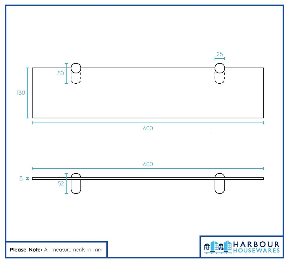 image 1 of Harbour Housewares Floating Glass Shelf - 60cm - Metallic Brackets - Bathroom Shower Storage Vanity Display Unit Shelf | Black | Black | 1