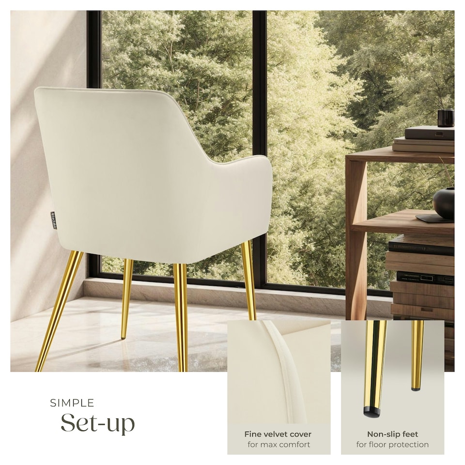 image 1 of Dining Chair Avane - velvet look, padded armchair, high backrest and high armrests - Set of 4 Cream | Beige