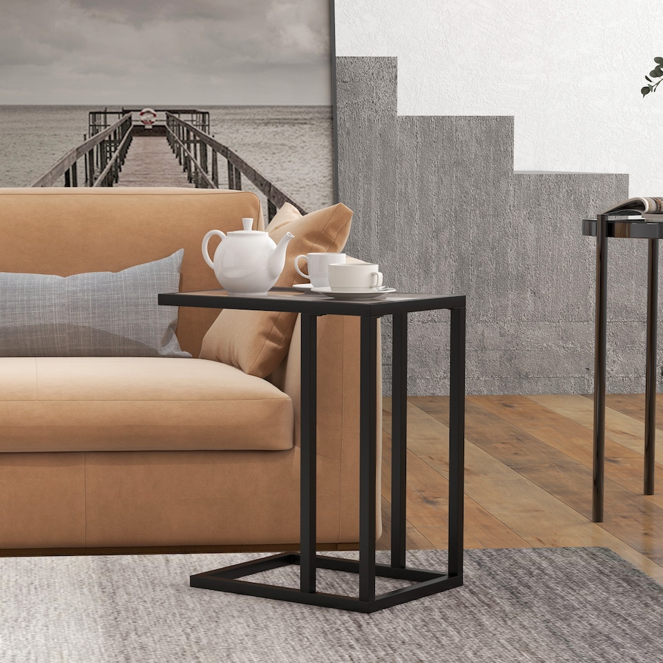 image 1 of HOMCOM C Shape End Table withMetal Frame Sofa Side Table Narrow Snack Coffee Table for Living Room, Grey Marble Effect | Grey