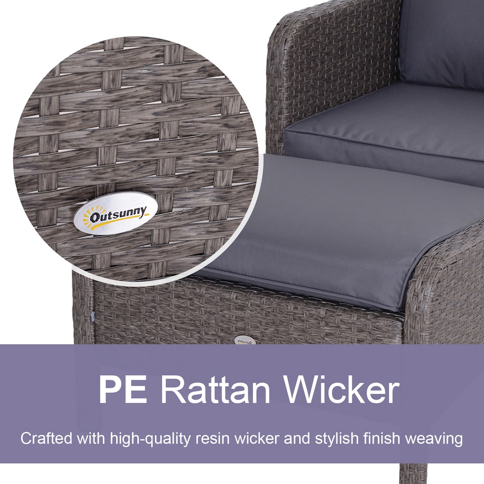 image 1 of Outsunny 5 Pieces PE Rattan Garden Furniture Set with 10cm Thick Padded Cushions, Wicker Weave Outdoor Seating Chairs with 2 Armchairs, 2 Stools, Glass Top Table, Grey