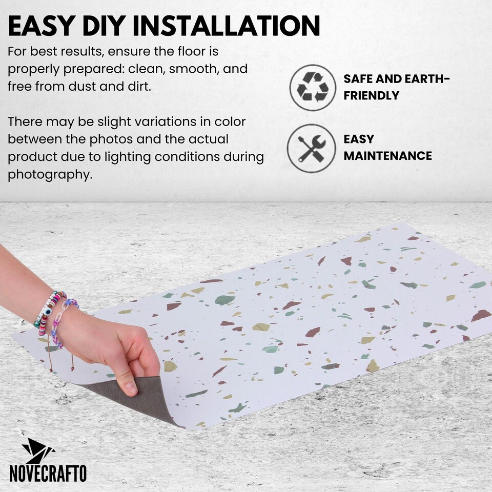 image 1 of NOVECRAFTO Vinyl Floor Tiles Self Adhesive – 12x24in Peel and Stick Rectangular Flooring for Kitchen, Bathroom & Living Room – White Terrazzo Look with Flecks White | 3.71 sqm
