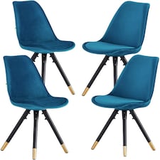 Set of 4 Sofia Ergonomic Modern Dining Chairs Upholstered in Velvet, Metal Legs with Gold End Tips | Blue