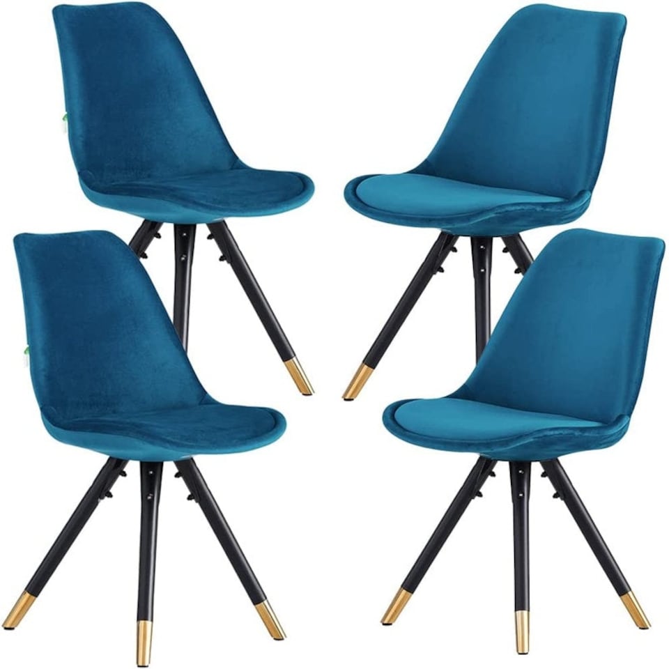 image 1 of Set of 4 Sofia Ergonomic Modern Dining Chairs Upholstered in Velvet, Metal Legs with Gold End Tips | Blue