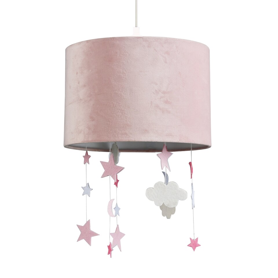 image 1 of Soft Blush Pink Velvet Pendant Lamp Shade with Hanging Felt Stars and Clouds | Pink