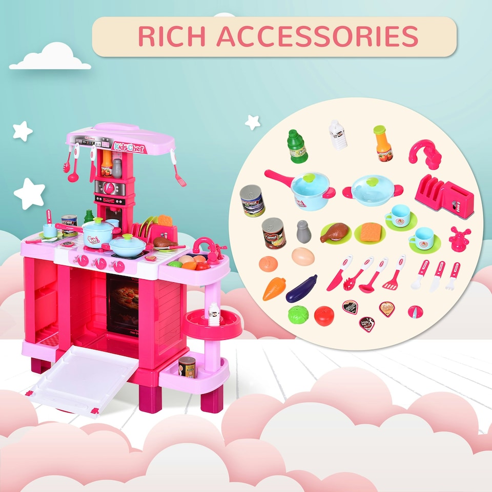 image 1 of HOMCOM 38-Piece Children's Kitchen Play Set w/ Realistic Sounds Lights Food Pink