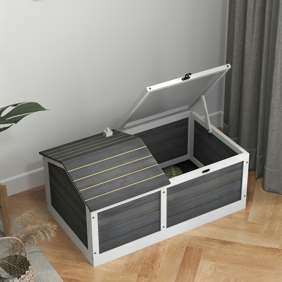 image 1 of PawHut Wooden Tortoise House, Small Pet Reptile with Hide Shelter Den and Run