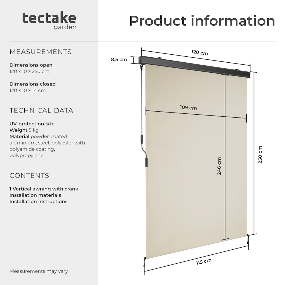 image 1 of Vertical Awning Eloise - installation materials included, retractable, UV blocking | Cream | beige | 120 x 250 cm | 1