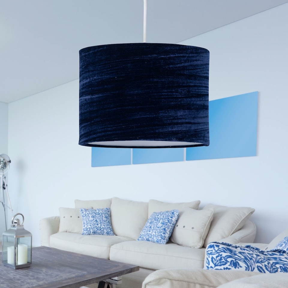 image 1 of Modern Navy Blue Crushed Velvet 33cm Easy Fit Ceiling Light Shade Pendants | Blue | Large | 1