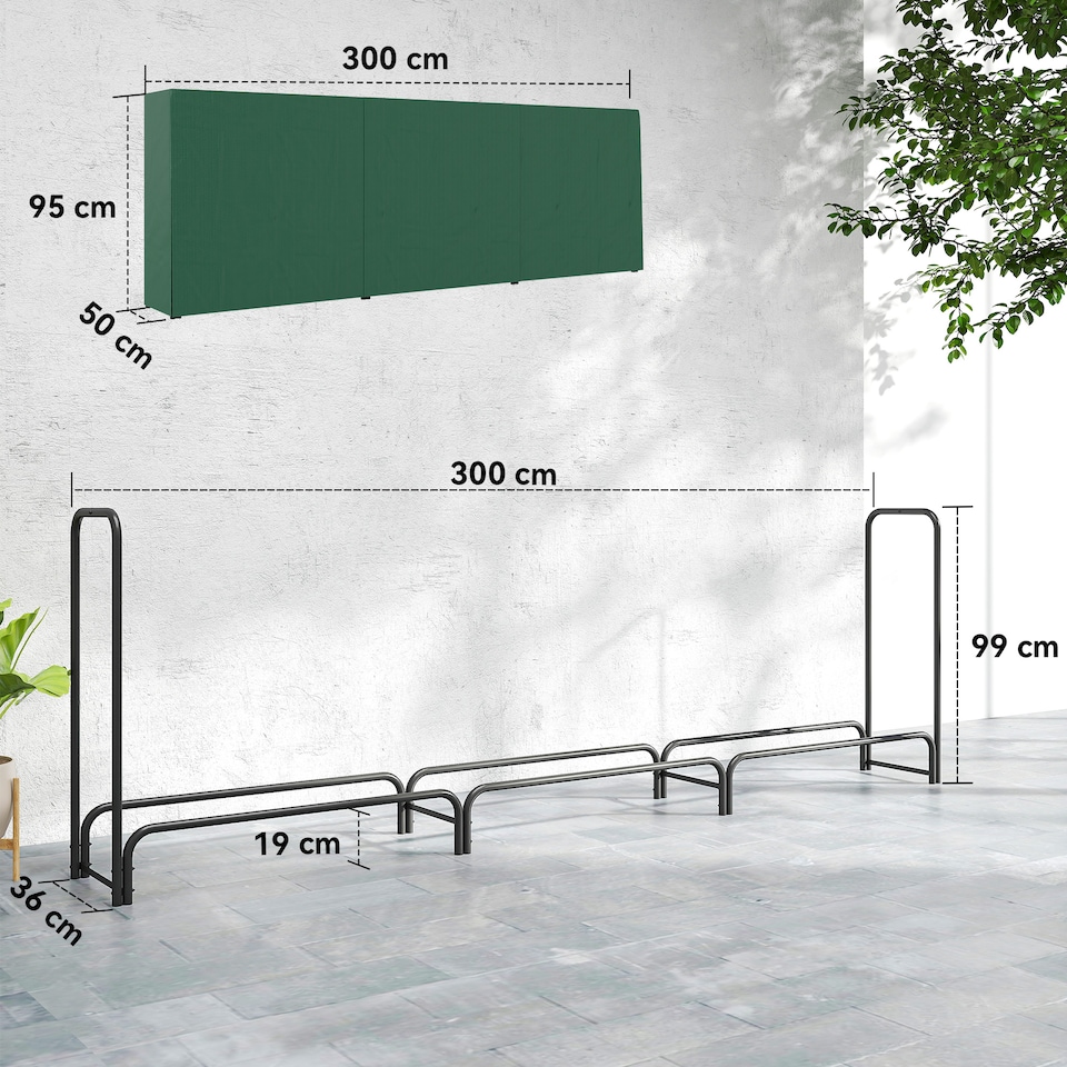 image 1 of Outsunny Metal Firewood Rack, Log Holder, 300 x 36 x 99 cm, Dark Green