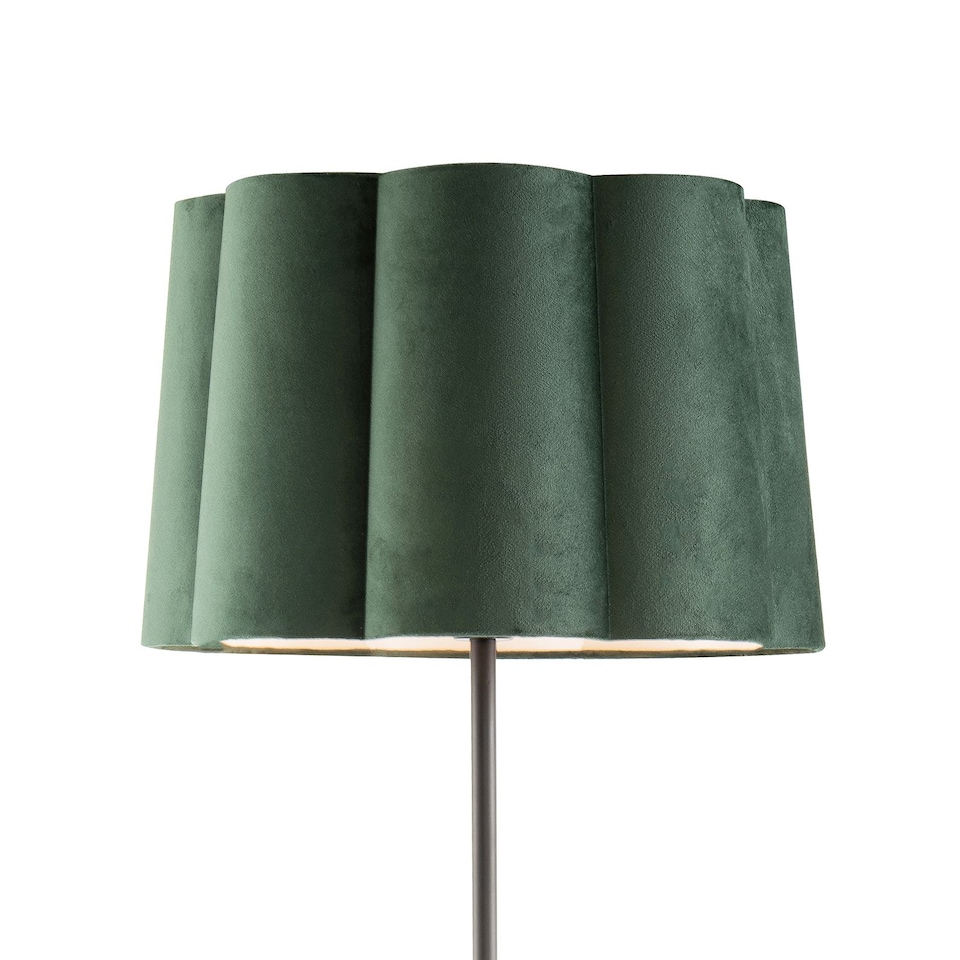 image 1 of Modern Matte Black Floor Lamp with Forest Green Velvet Scallop Shade