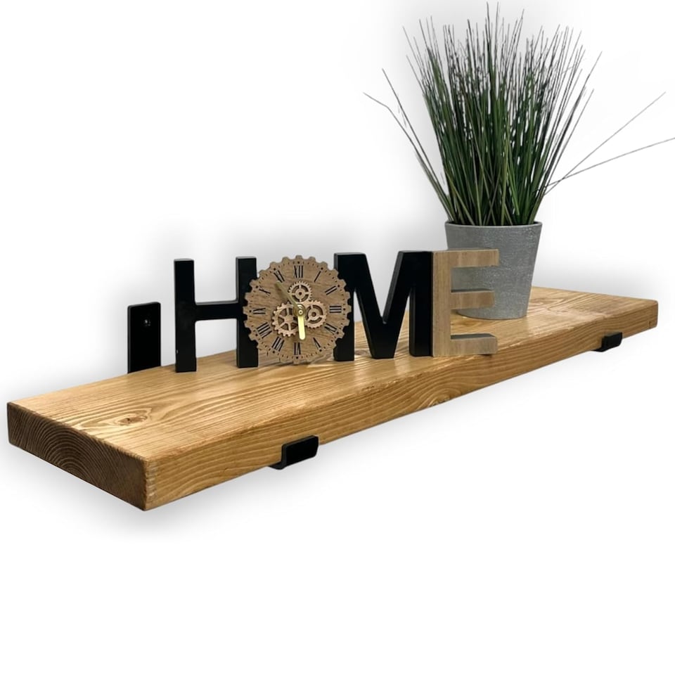 image 1 of MKGT Handmade Rustic Pine Floating Wall Shelf with Steel Brackets, Solid Wood, 60 x 22 x 4.5 cm