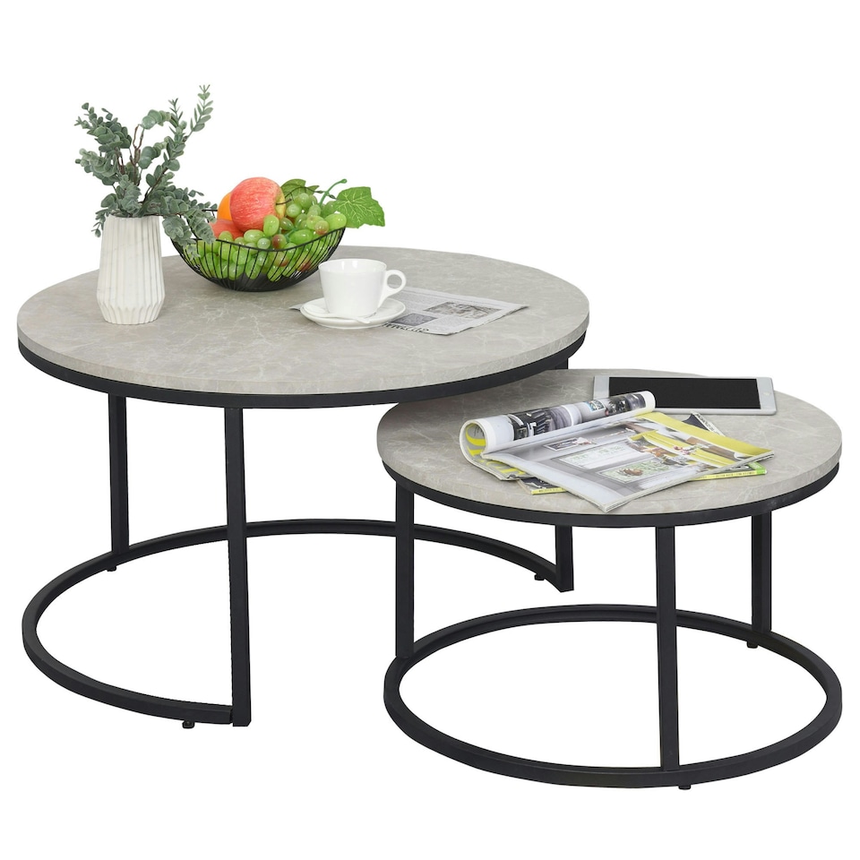 image 1 of HOMCOM 2 Pcs Stacking Coffee Table Set Steel Frame, Marble Grey Black